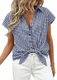 PRETTYGARDEN Womens Button Dwon Shirts V Neck Short Cap Sleeve Collared Plaid Tops Summer Spring Casual Blouses Clothes PRETTYGARDEN