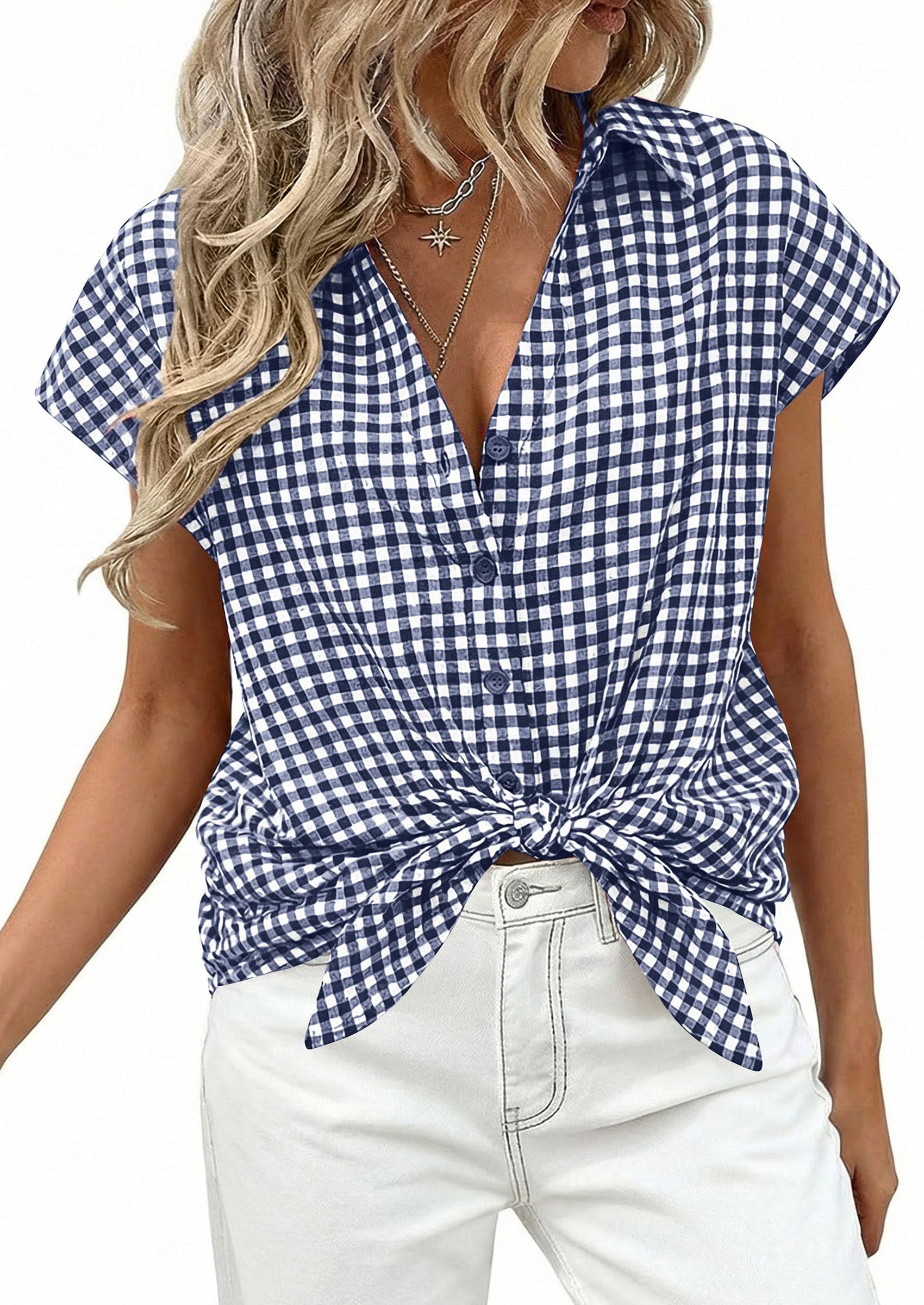 PRETTYGARDEN Womens Button Dwon Shirts V Neck Short Cap Sleeve Collared Plaid Tops Summer Spring Casual Blouses Clothes PRETTYGARDEN
