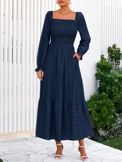 BTFBM Women Maxi Fall Dresses Long Sleeve Solid Color Square Neck Smocked Boho Long Wedding Guest Dress