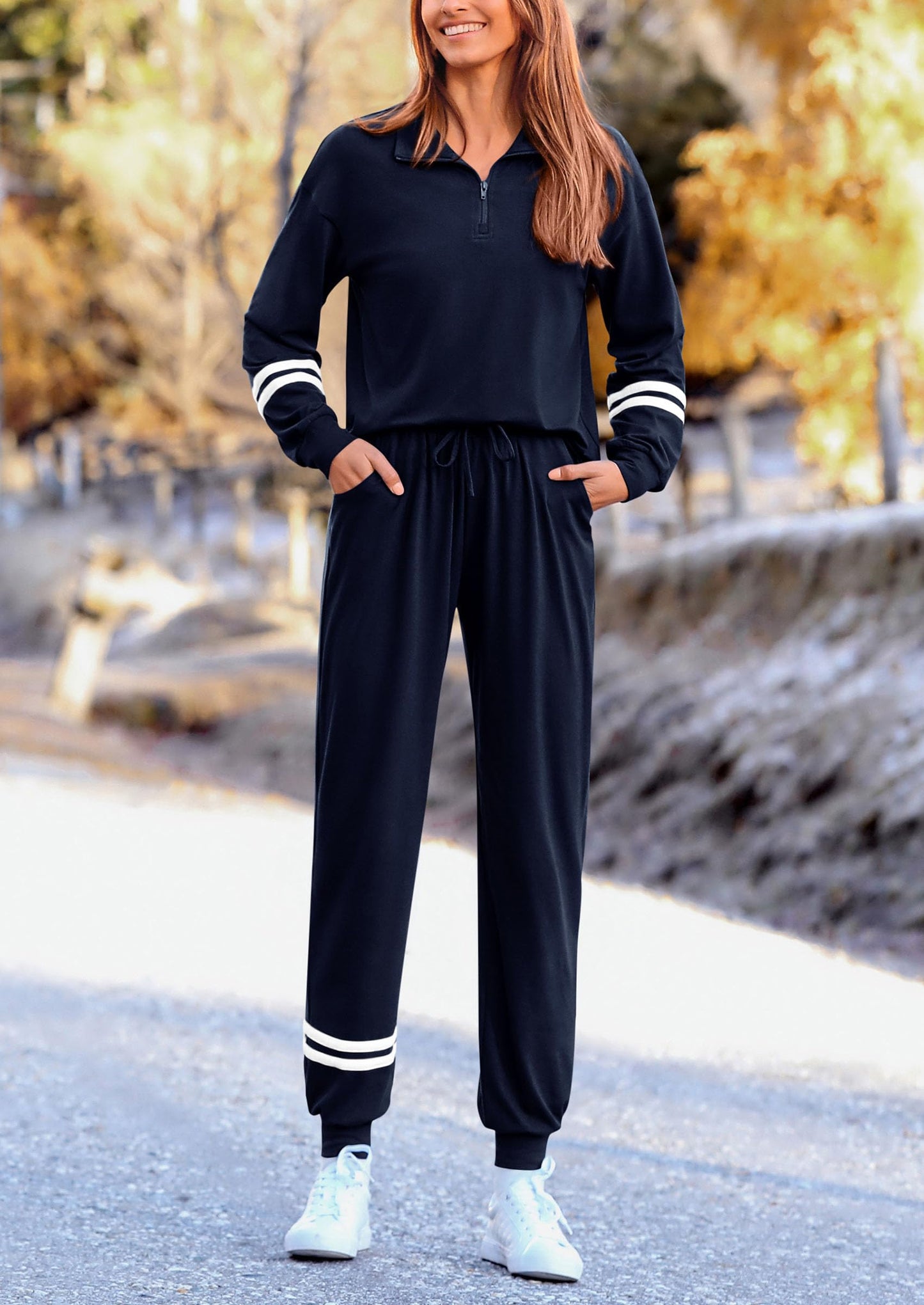 Women's 2 Piece Outfits Fall Fashion 2024 Striped 1/4 Zip Pullover Tops Long Sweatpants Tracksuit Sets