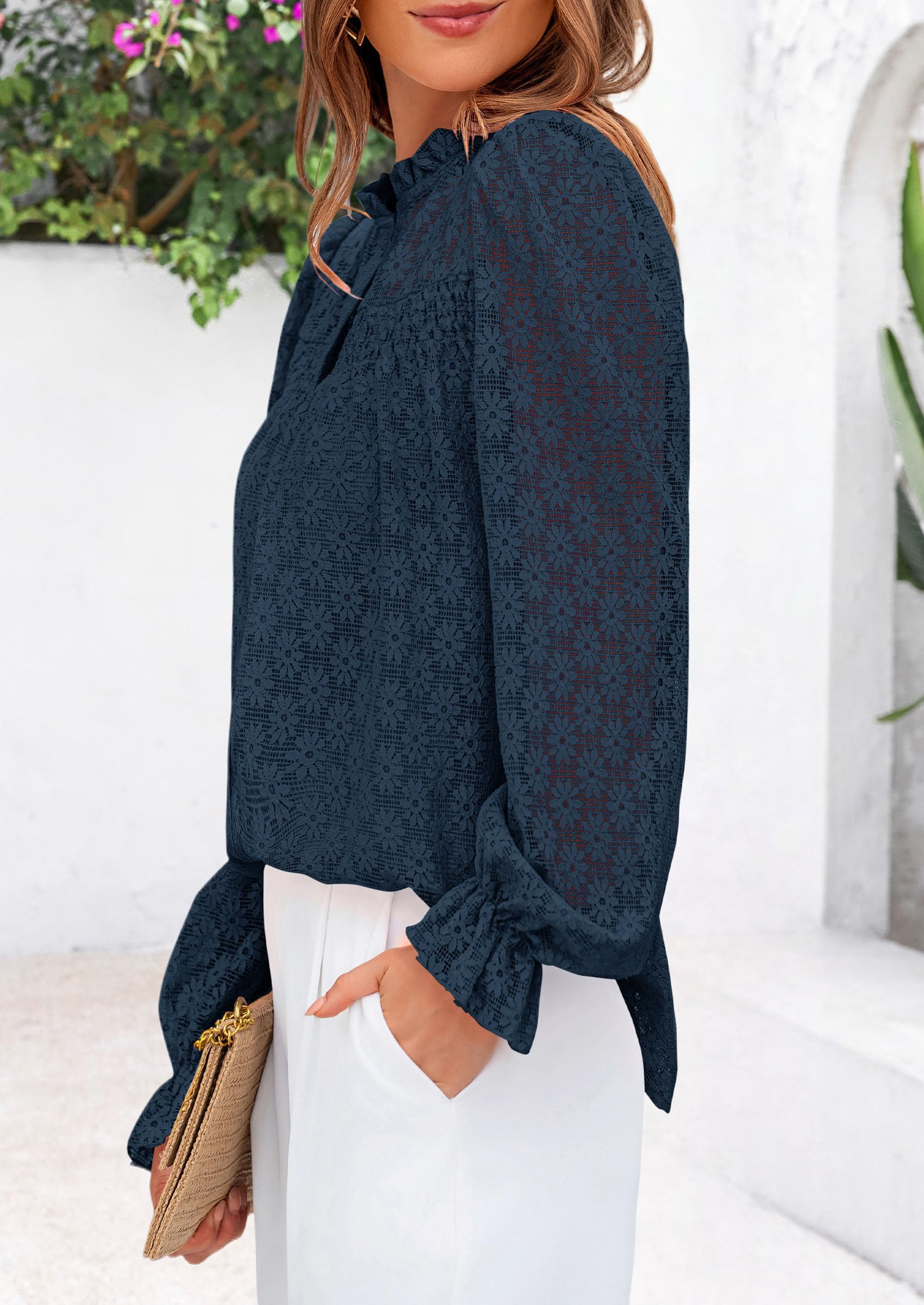 PRETTYGARDEN Lace Long Sleeve Tops for Women Eyelet Blouses Dressy Casual Hollow Out Button Down Shirts Summer Outfits