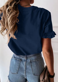 PRETTYGARDEN Women's Short Sleeve Casual T Shirts Summer Ruffle Plain Round Neck Loose Fit Tee Blouse Tops