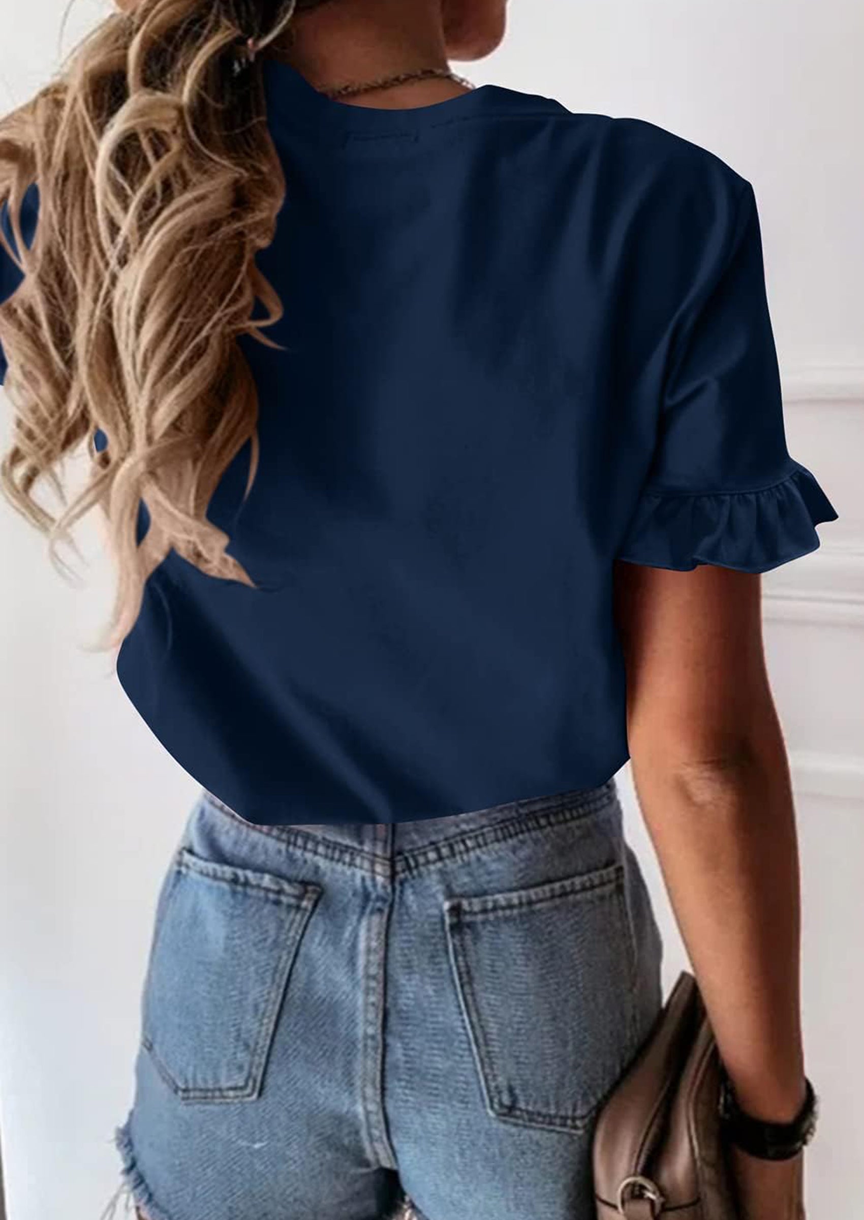 PRETTYGARDEN Women's Short Sleeve Casual T Shirts Summer Ruffle Plain Round Neck Loose Fit Tee Blouse Tops