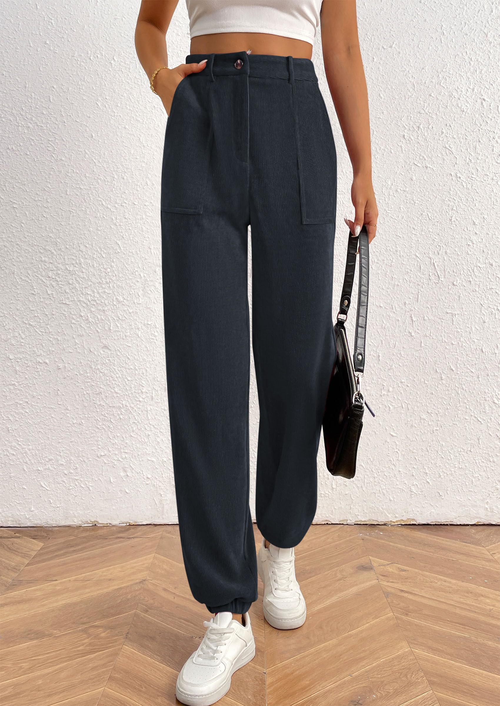 PRETTYGARDEN Women's Pants Dressy Casual Fall Elastic High Waisted Work Office Corduroy Trouser Slacks with Pockets