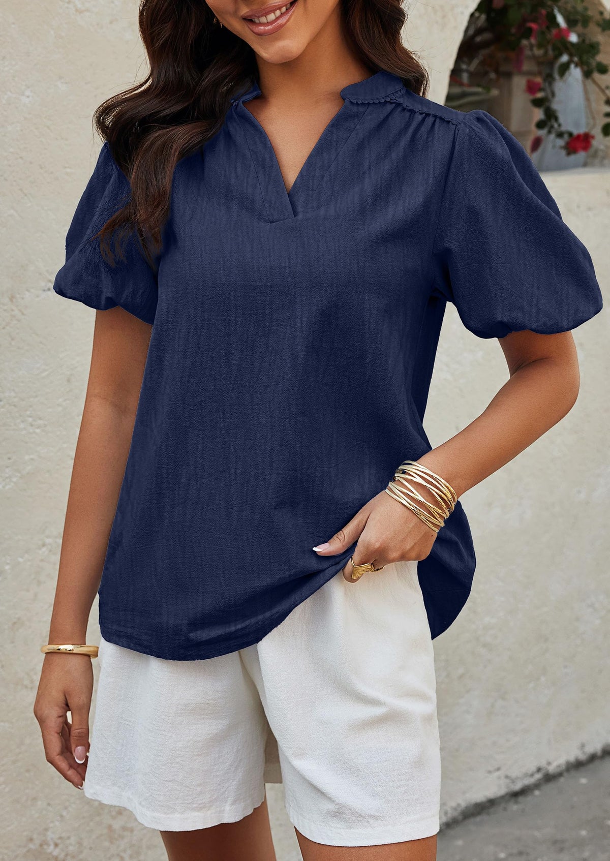 Womens Casual Summer V Neck Short Puff Sleeve Pleated Cotton Loose Dressy Blouses