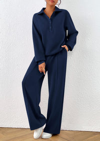 PRETTYGARDEN Women Fall 2 Piece Outfits Sweatsuits Quarter Button Long Sleeve Sweatshirt Wide Leg Pants Tracksuit Lounge Sets
