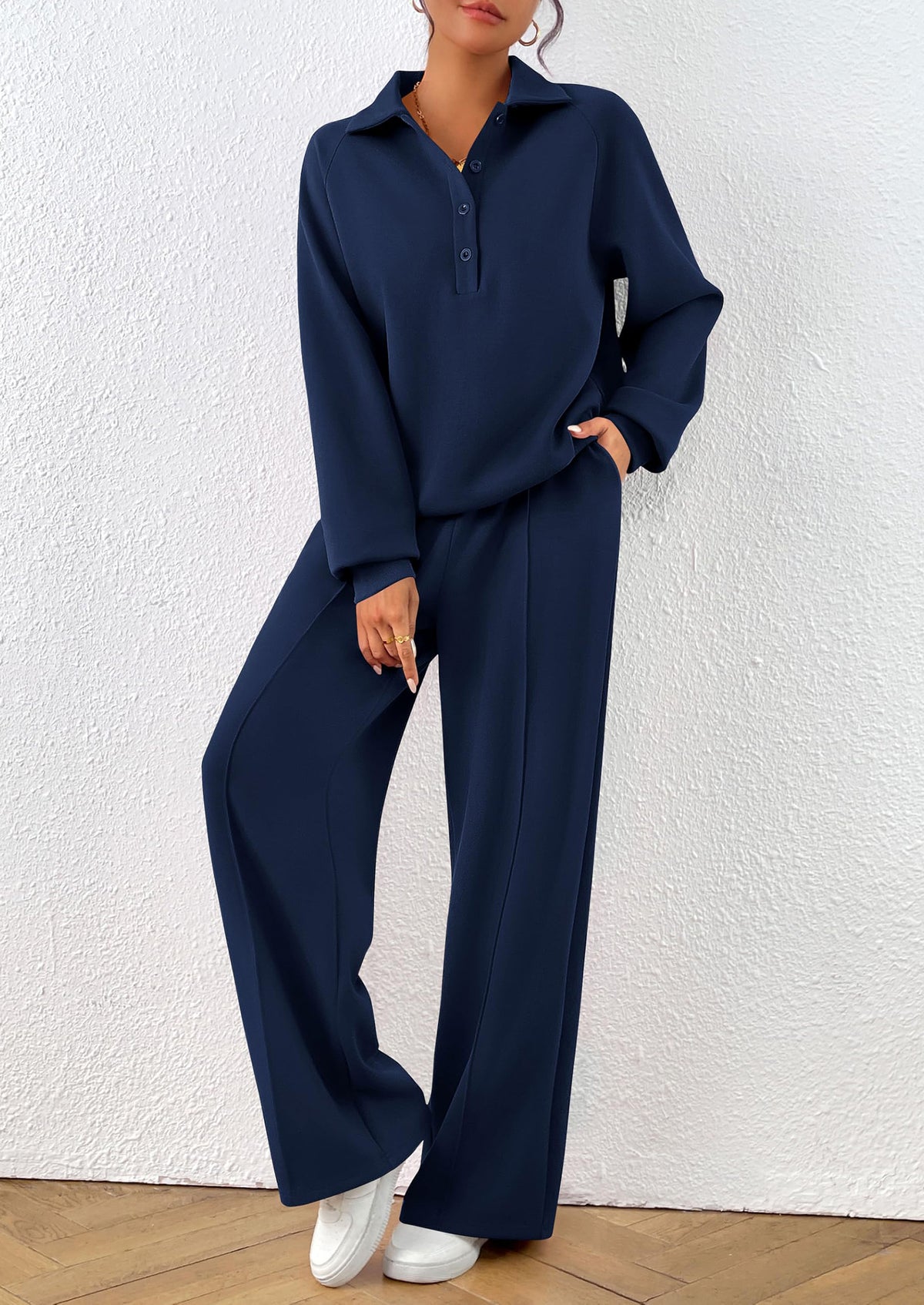 PRETTYGARDEN Women Fall 2 Piece Outfits Sweatsuits Quarter Button Long Sleeve Sweatshirt Wide Leg Pants Tracksuit Lounge Sets
