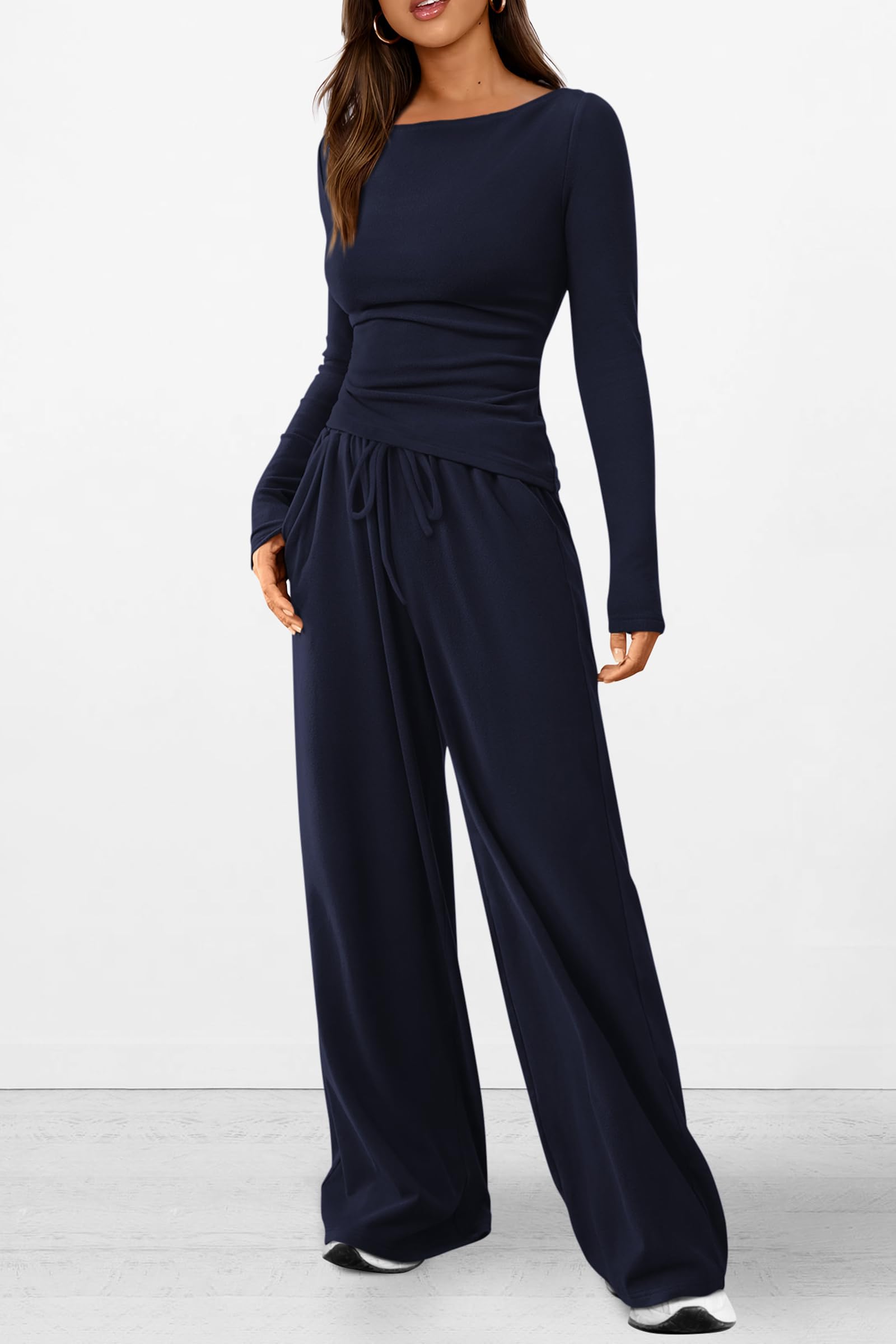 PRETTYGARDEN Women's 2 Piece Lounge Sets Asymmetrical Long Sleeve T Shirt Wide Leg Pants Casual Outfits Tracksuit