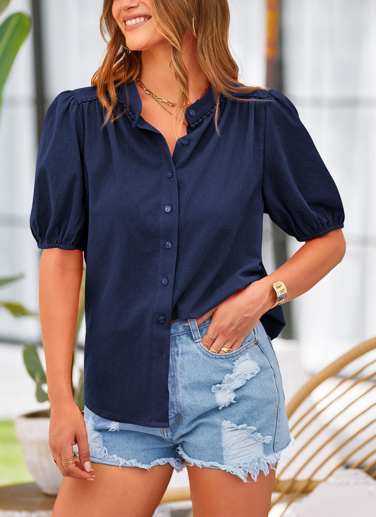 Summer Button Down Short Lantern Sleeve V Neck Cotton Blouses