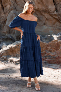 Casual Maxi Dresses Summer Short Sleeve Off The Shoulder Ruffle Tiered Flowy Boho Party Beach Long Dress