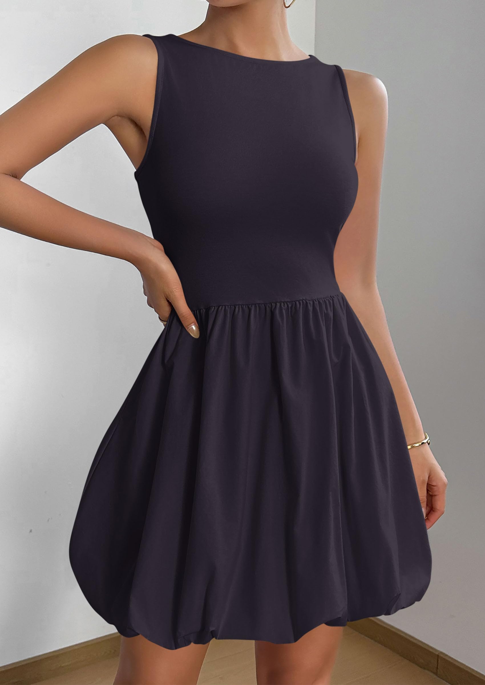 PRETTYGARDEN Summer Dresses for Women Casual Sleeveless Tank Mini Short Dress Crew Neck Bubble Sundress with Pockets