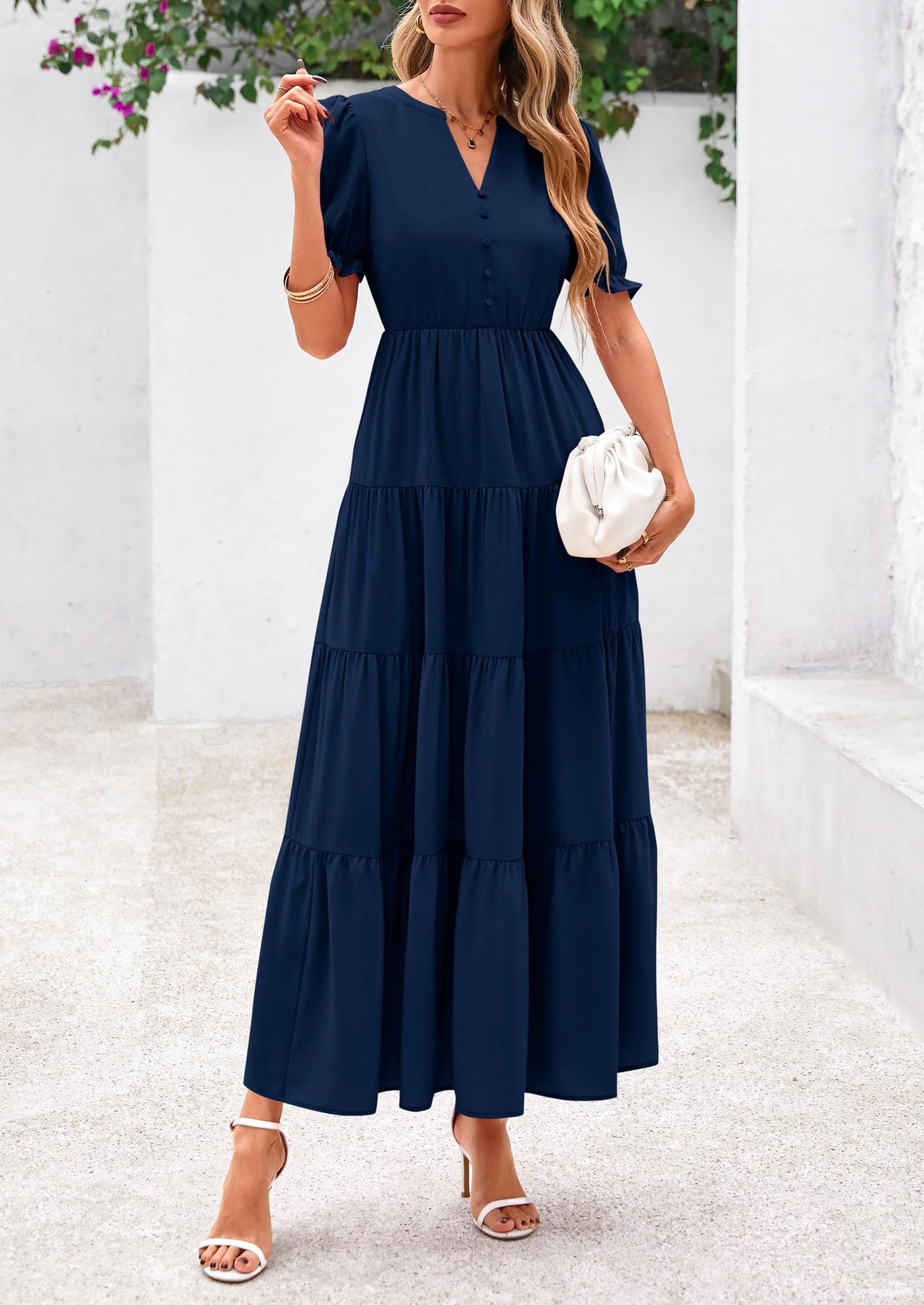 Women's Casual Summer Midi Dress 2025 Spring Short Sleeve V Neck Tiered Flowy Beach Vacation Dress with Pockets