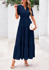 Women's Casual Summer Maxi Dress 2025 Spring Short Sleeve V Neck Tiered Flowy Beach Vacation Dress with Pockets