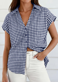 PRETTYGARDEN Womens Button Dwon Shirts V Neck Short Cap Sleeve Collared Plaid Tops Summer Spring Casual Blouses Clothes PRETTYGARDEN