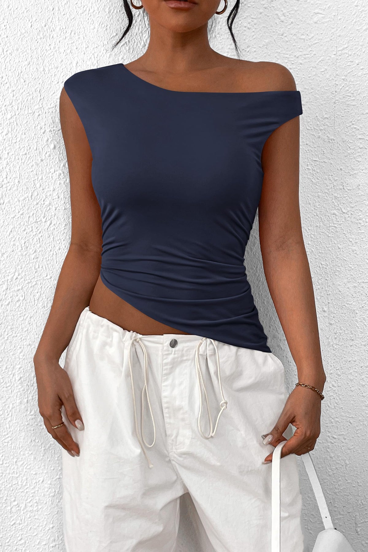 Summer Off The Shoulder Sleeveless One Shoulder Ruched Asymmetrical Y2K Tank Top