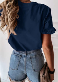 PRETTYGARDEN Women's Short Sleeve Casual T Shirts Summer Ruffle Plain Round Neck Loose Fit Tee Blouse Tops PRETTYGARDEN