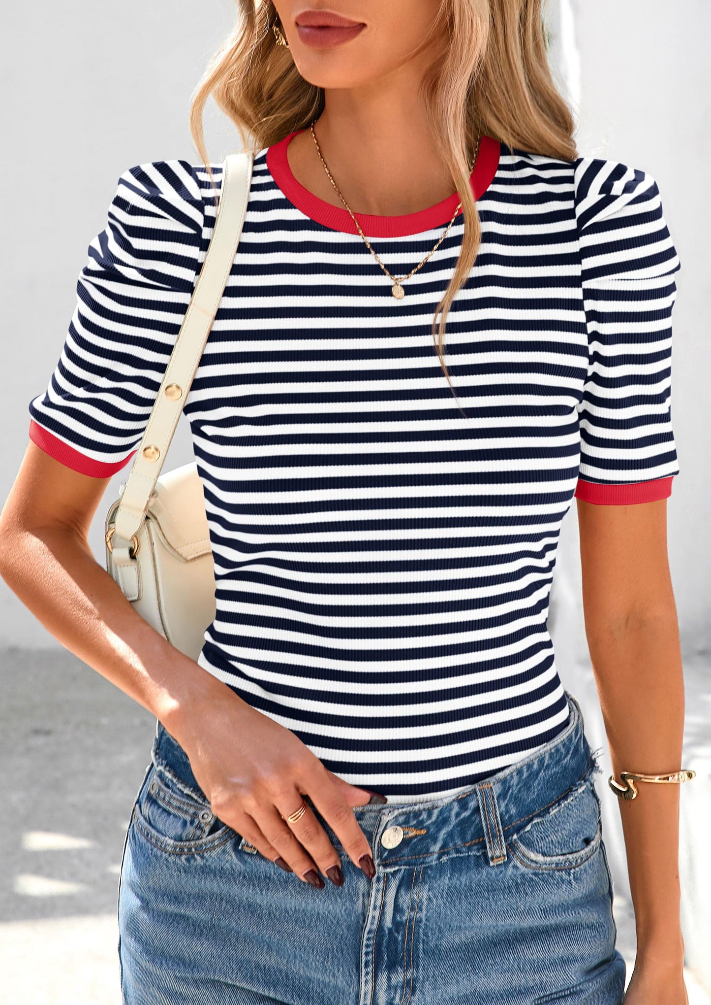 Women's Summer Puff Sleeve Tops Casual Ribbed Knit Color Block T Shirts Trendy Striped Pullover Tops