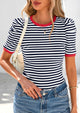 Women's Summer Puff Sleeve Casual Ribbed Knit Color Block Trendy Striped Pullover T-shirts