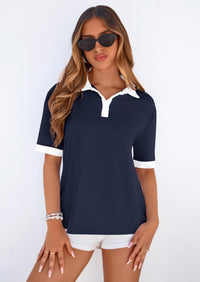 PRETTYGARDEN Summer Short Sleeve Polo Shirts for Women Collared V Neck Work Dressy Tops Knit Loose Business Casual Outfits PRETTYGARDEN