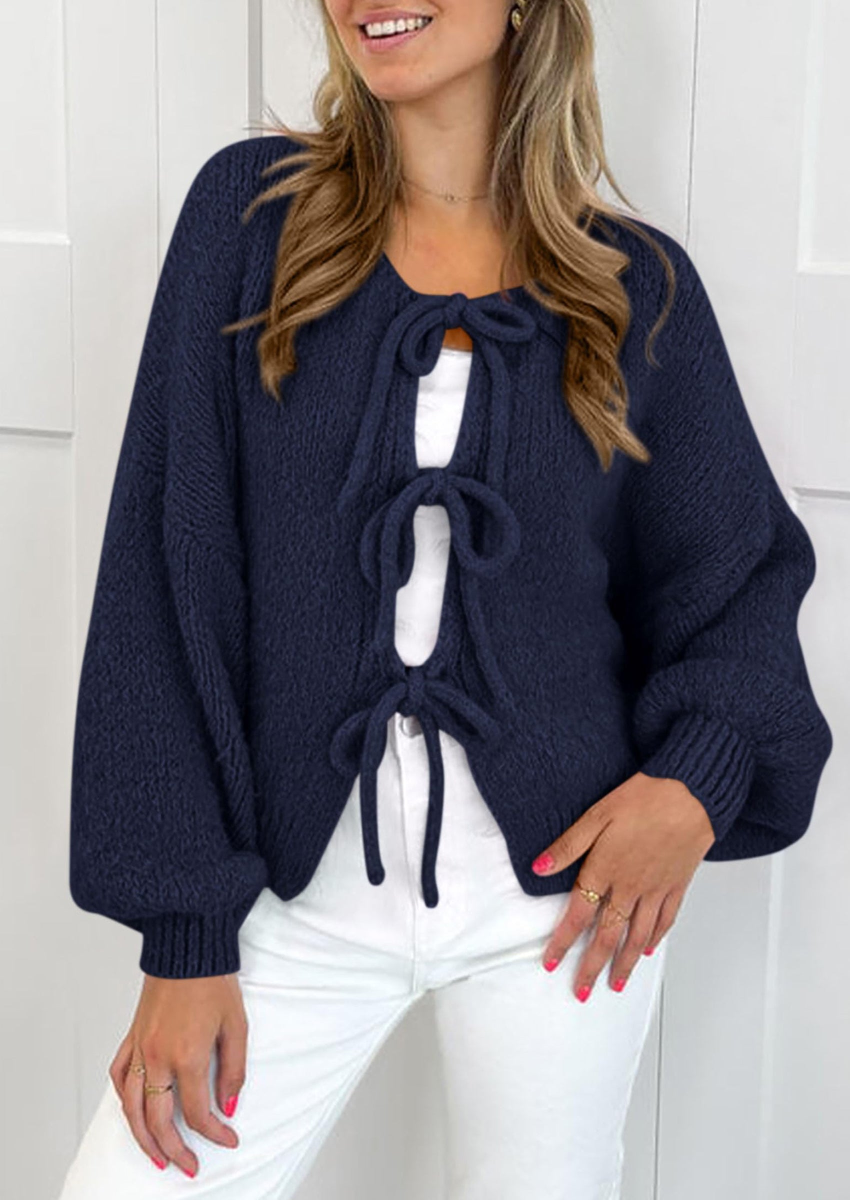 PRETTYGARDEN Women's Tie Front Bow Cardigan Sweaters Chunky Knit Long Puff Sleeve Trendy Fall Winter Jacket Coats