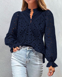 Women's Dressy Casual Blouse Tops Puff Long Sleeve Button V Neck Hollow Out Lace Embroidered Pullover Shirts