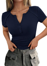 PRETTYGARDEN Womens Summer Short Sleeve Tops 2026 Spring Casual V Neck Henley Button Up T Shirts Dressy Ribbed Knit Blouses PRETTYGARDEN