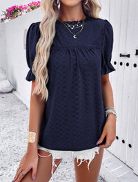 Casual Crew Neck Ruffle Short Sleeve Eyelet Babydoll Blouse