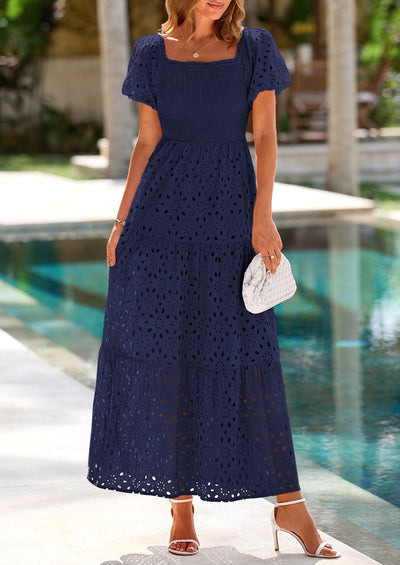 PRETTYGARDEN Dresses for Women Eyelet Square Neck Puff Sleeve Smocked Wedding Guest Maxi Dress with Pockets