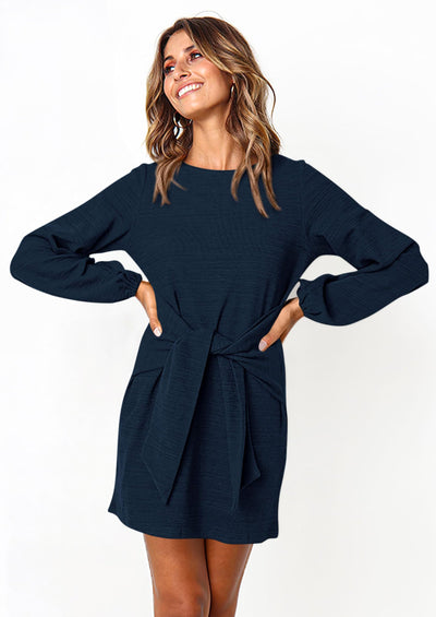 PRETTYGARDEN Womens Fall Elegant Long Lantern Sleeve Short Dress Wedding Guest Crewneck Tie Waist Knit Cocktail Dresses PRETTYGARDEN