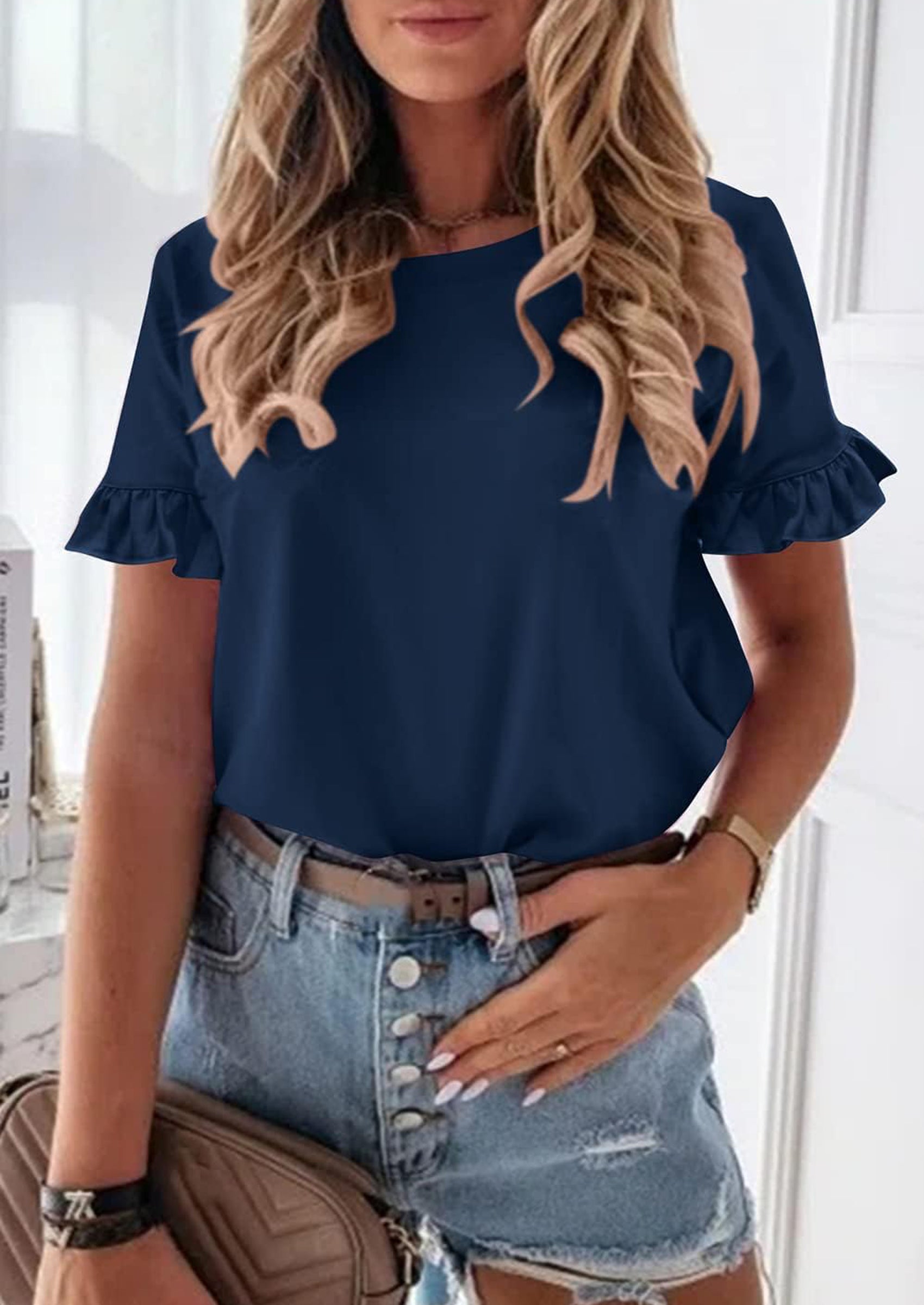 PRETTYGARDEN Women's Short Sleeve Casual T Shirts Summer Ruffle Plain Round Neck Loose Fit Tee Blouse Tops