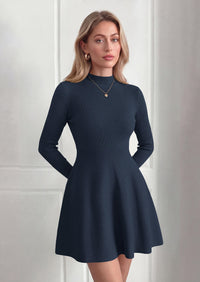 PRETTYGARDEN Womens Mock Neck Long Sleeve Sweater Mini Dress | Soft Ribbed Knit Flared A‑Line, Elegant Fall Winter Dresses for Wedding Guest, Cocktail & Holiday Party Casual Outfits