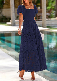 PRETTYGARDEN Dresses for Women Eyelet Square Neck Puff Sleeve Smocked Wedding Guest Maxi Dress with Pockets