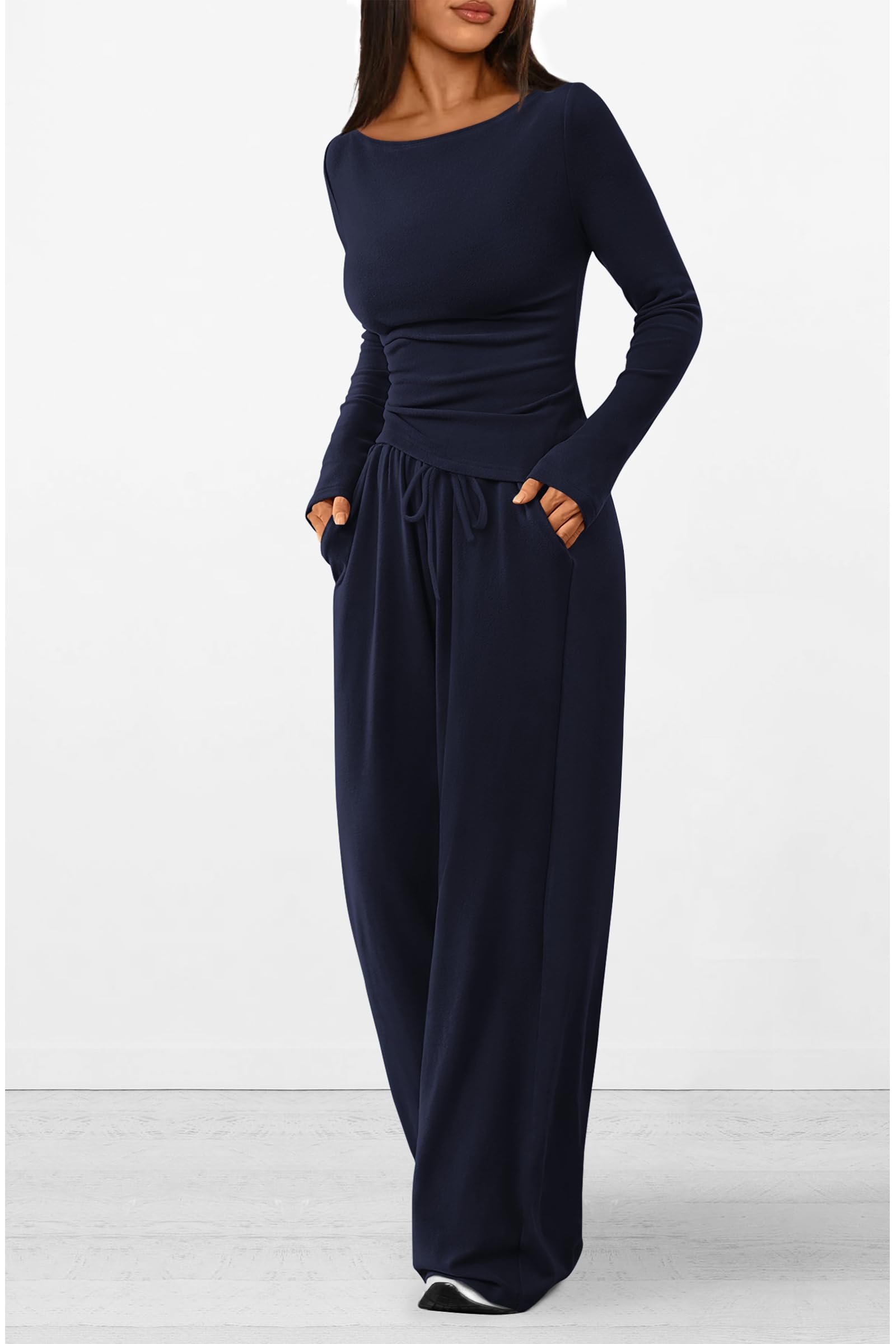 PRETTYGARDEN Women's 2 Piece Lounge Sets Asymmetrical Long Sleeve T Shirt Wide Leg Pants Casual Outfits Tracksuit