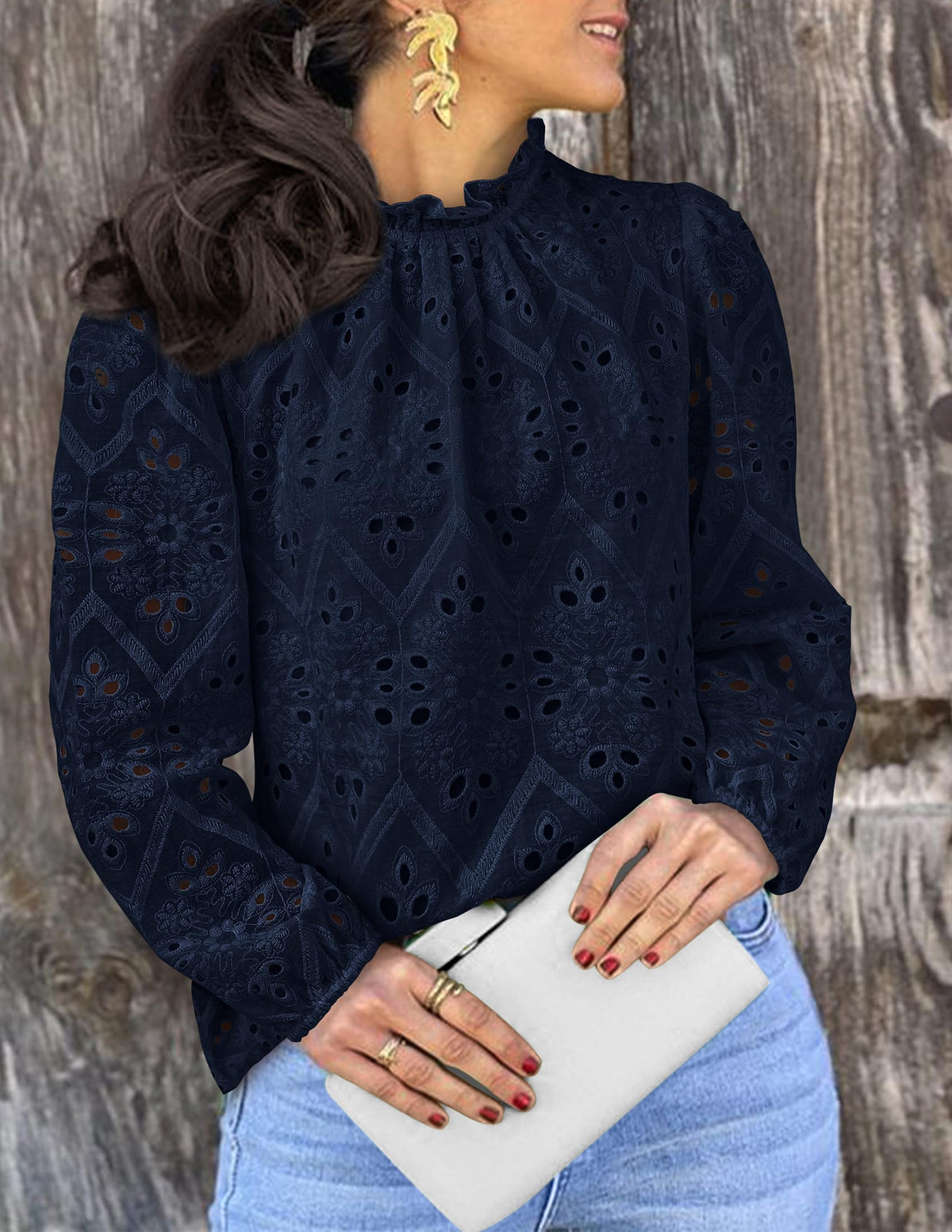 Womens Blouses Dressy Casual Embroidered Long Puff Sleeve Shirts Ruffle Eyelet Lace Top Fall Clothes