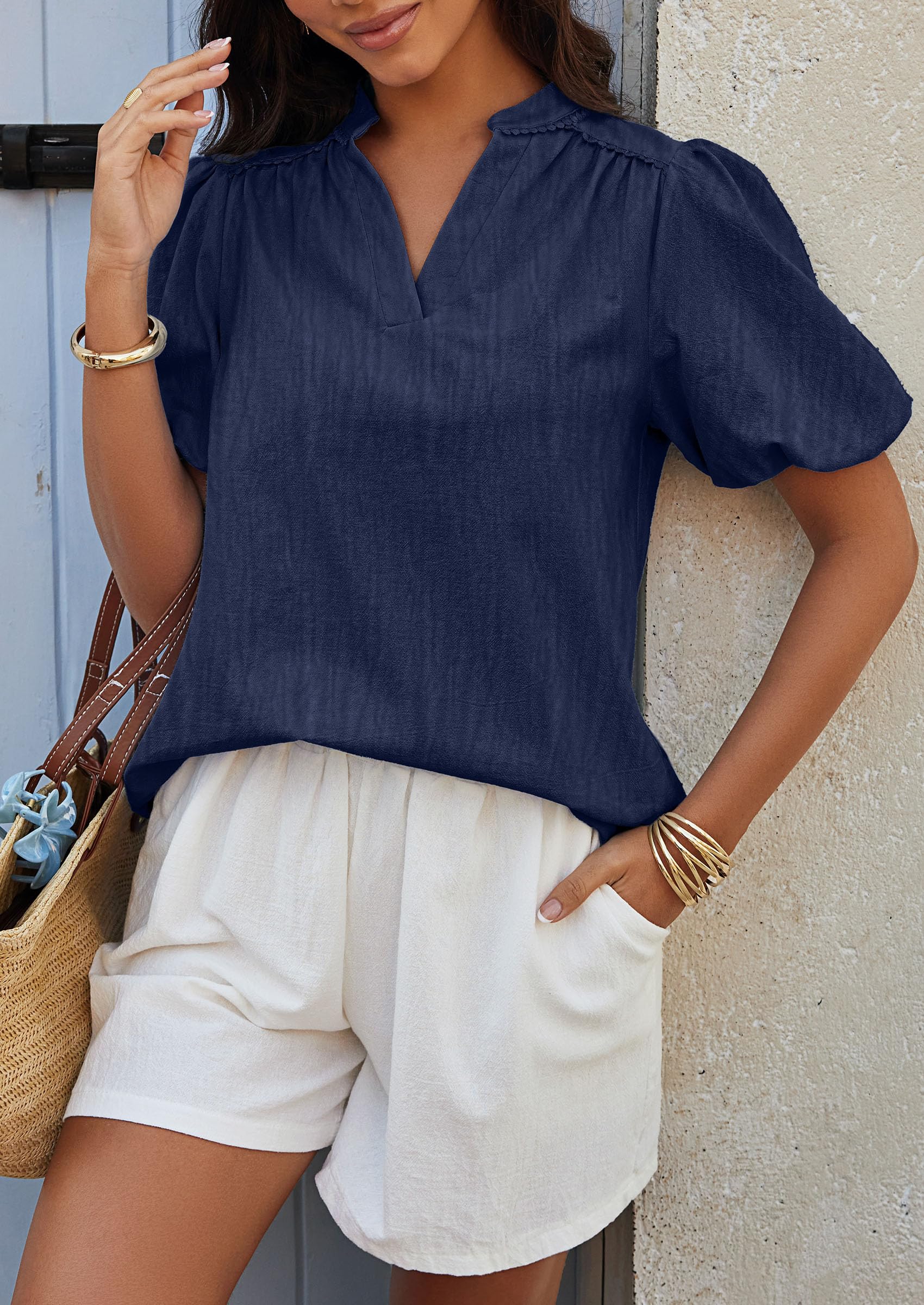 PRETTYGARDEN Womens Casual Summer Tops V Neck Short Puff Sleeve Pleated Cotton T Shirts Loose Dressy Blouses