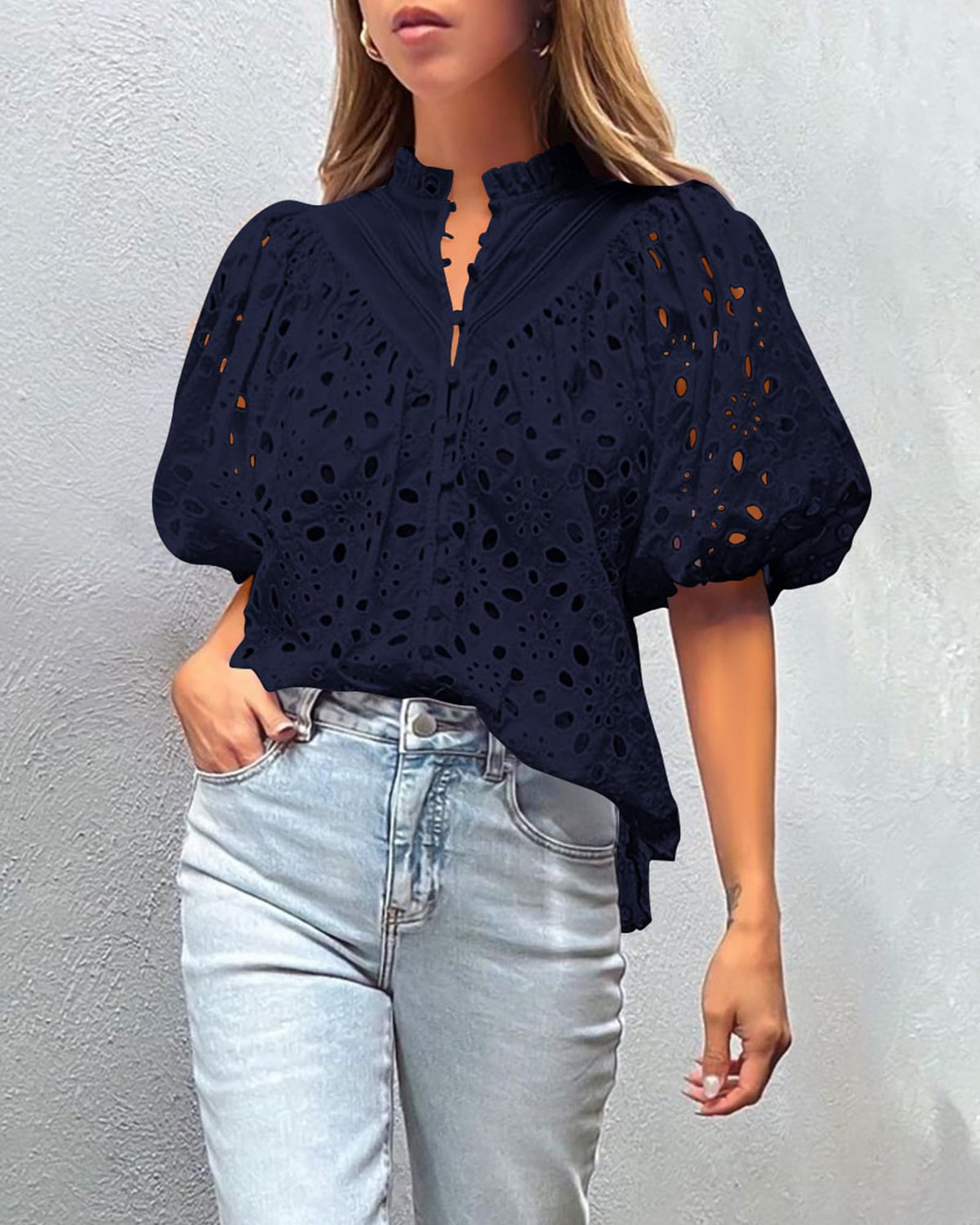 Casual Short Lantern Sleeve V Neck Buttons Hollow Out Lace Embroidered Blouses