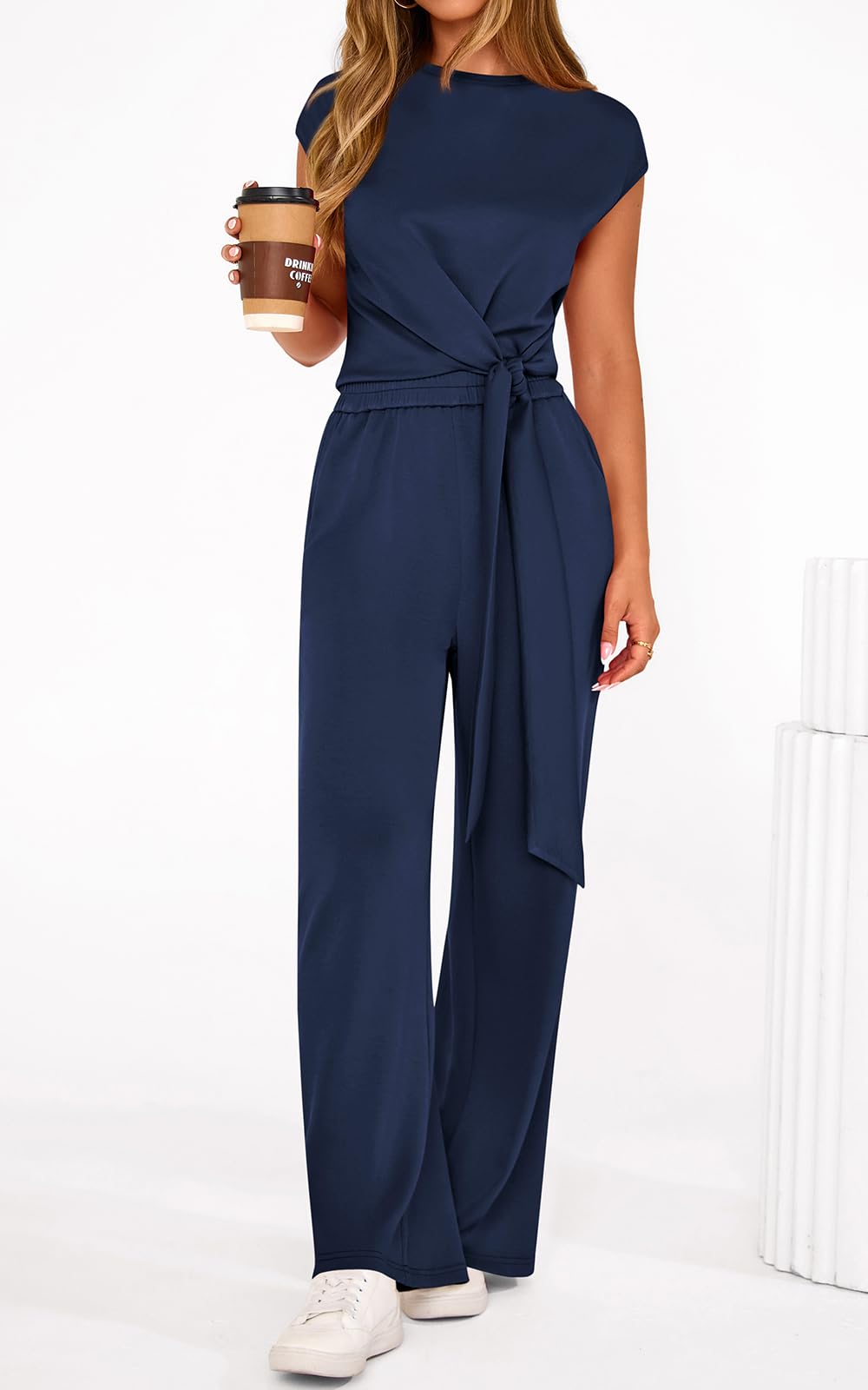 PRETTYGARDEN 2 Piece Matching Lounge Sets For Women Summer Short Sleeve Tie Front Crop Tops Casual Wide Leg Pants Tracksuit PRETTYGARDEN