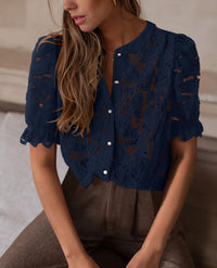 PRETTYGARDEN Womens Spring Lace Tops Short Puff Sleeve Casual Dressy Blouses Eyelet Crew Neck Button Down Shirts