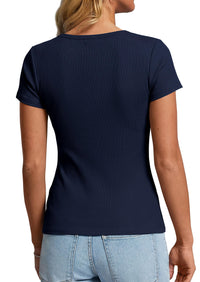 PRETTYGARDEN Womens Summer Short Sleeve Tops 2026 Spring Casual V Neck Henley Button Up T Shirts Dressy Ribbed Knit Blouses PRETTYGARDEN