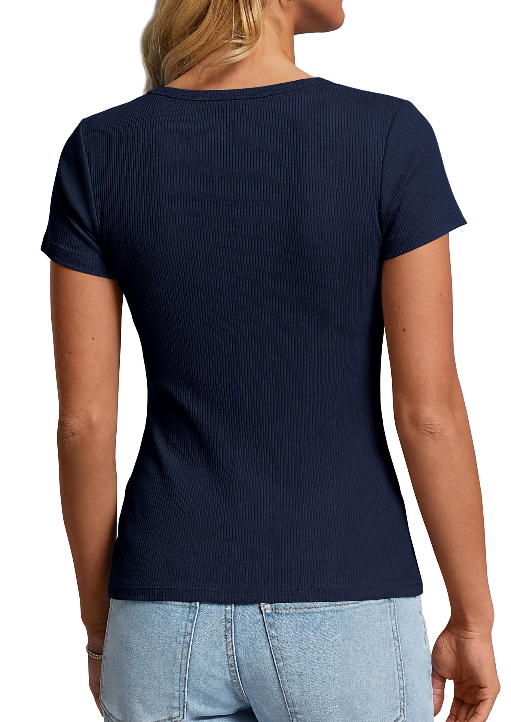 PRETTYGARDEN Womens Summer Short Sleeve Tops 2026 Spring Casual V Neck Henley Button Up T Shirts Dressy Ribbed Knit Blouses PRETTYGARDEN