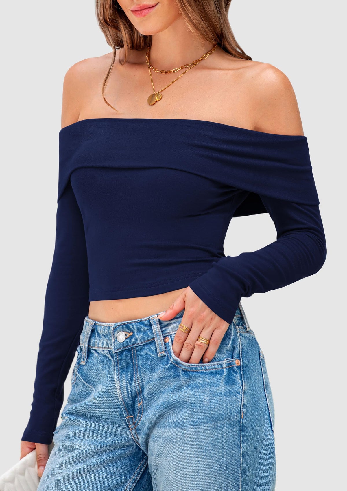 Off The Shoulder Top for Women 2025 Long Sleeve Shirts Trendy Going Out Crop Tops Spring Fashion Clothes