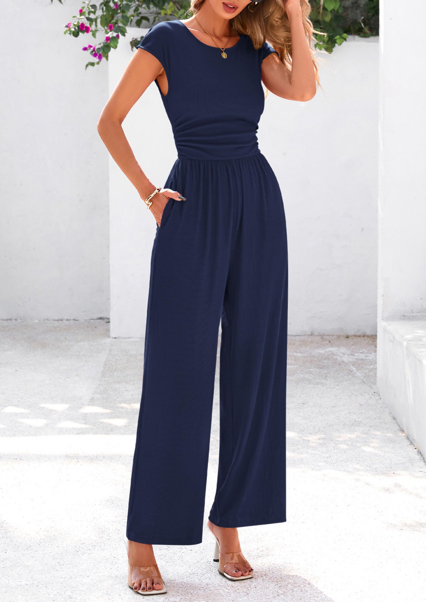 PRETTYGARDEN Summer Jumpsuits Ribbed Cap Sleeve Wide Leg Pants Women's Rompers Elegant Casual Trendy Vacation Outfits