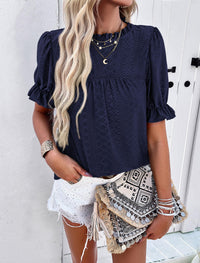 Casual Crew Neck Ruffle Short Sleeve Eyelet Babydoll Blouse