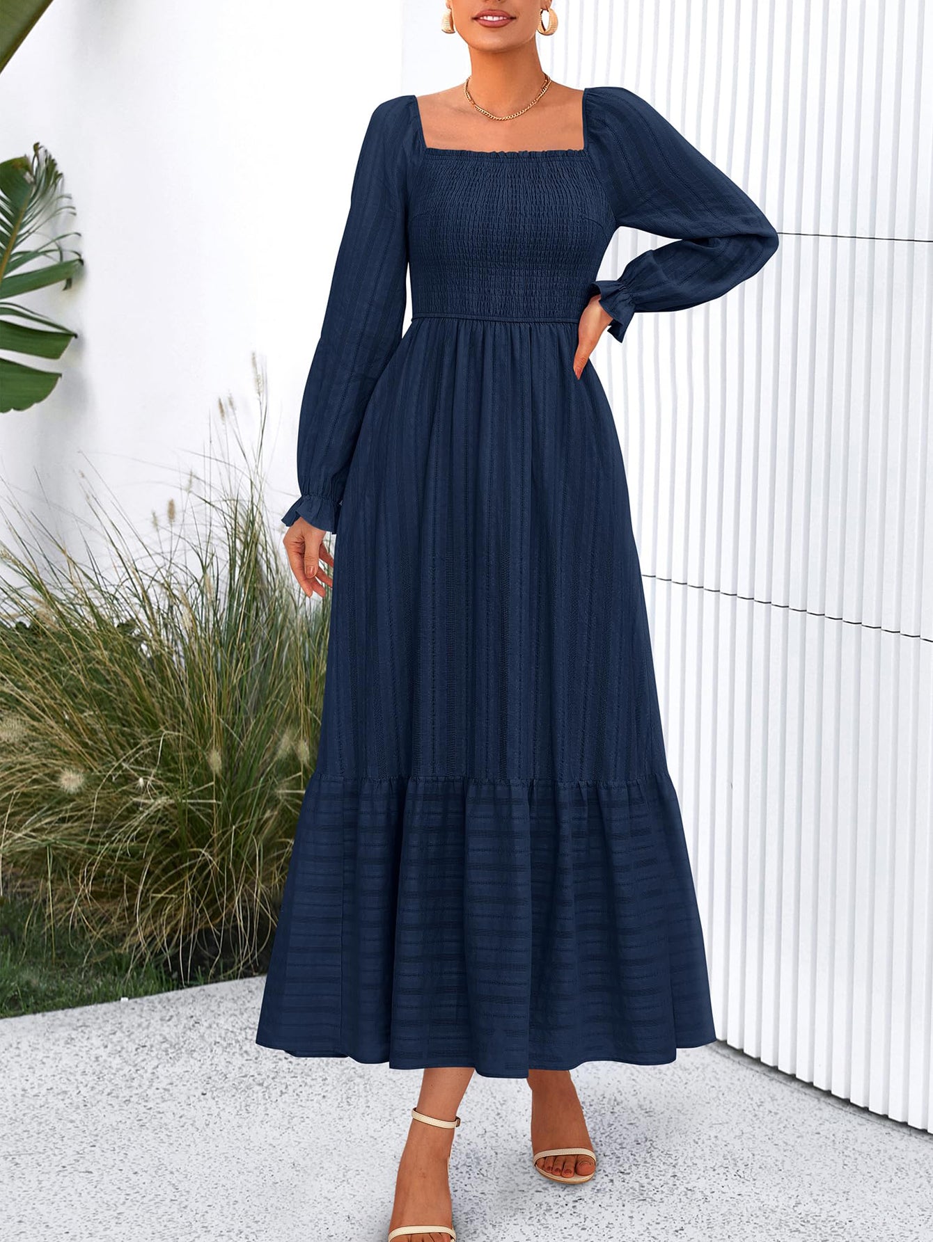 BTFBM Women Maxi Fall Dresses Long Sleeve Solid Color Square Neck Smocked Boho Long Wedding Guest Dress