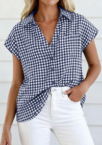 PRETTYGARDEN Womens Button Dwon Shirts V Neck Short Cap Sleeve Collared Plaid Tops Summer Spring Casual Blouses Clothes PRETTYGARDEN