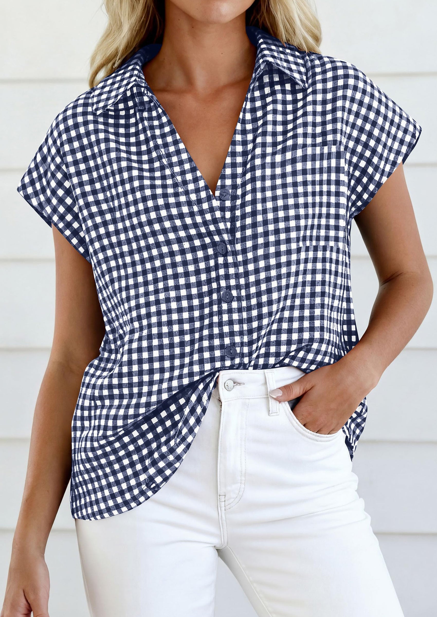 PRETTYGARDEN Womens Button Dwon Shirts V Neck Short Cap Sleeve Collared Plaid Tops Summer Spring Casual Blouses Clothes PRETTYGARDEN