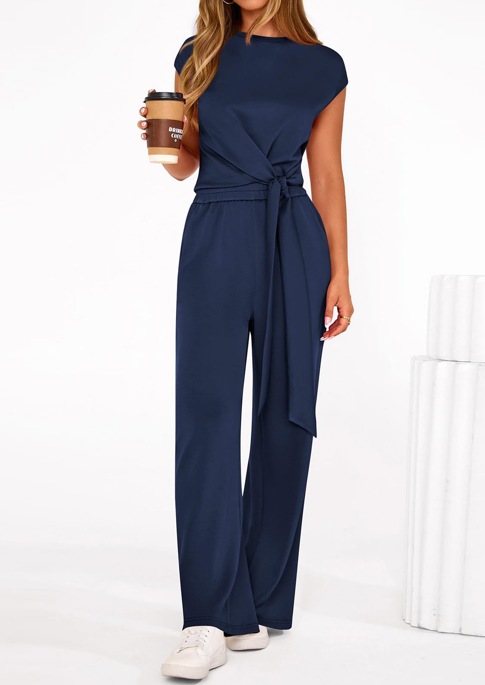 PRETTYGARDEN 2 Piece Matching Lounge Sets For Women Summer Short Sleeve Tie Front Crop Tops Casual Wide Leg Pants Tracksuit PRETTYGARDEN