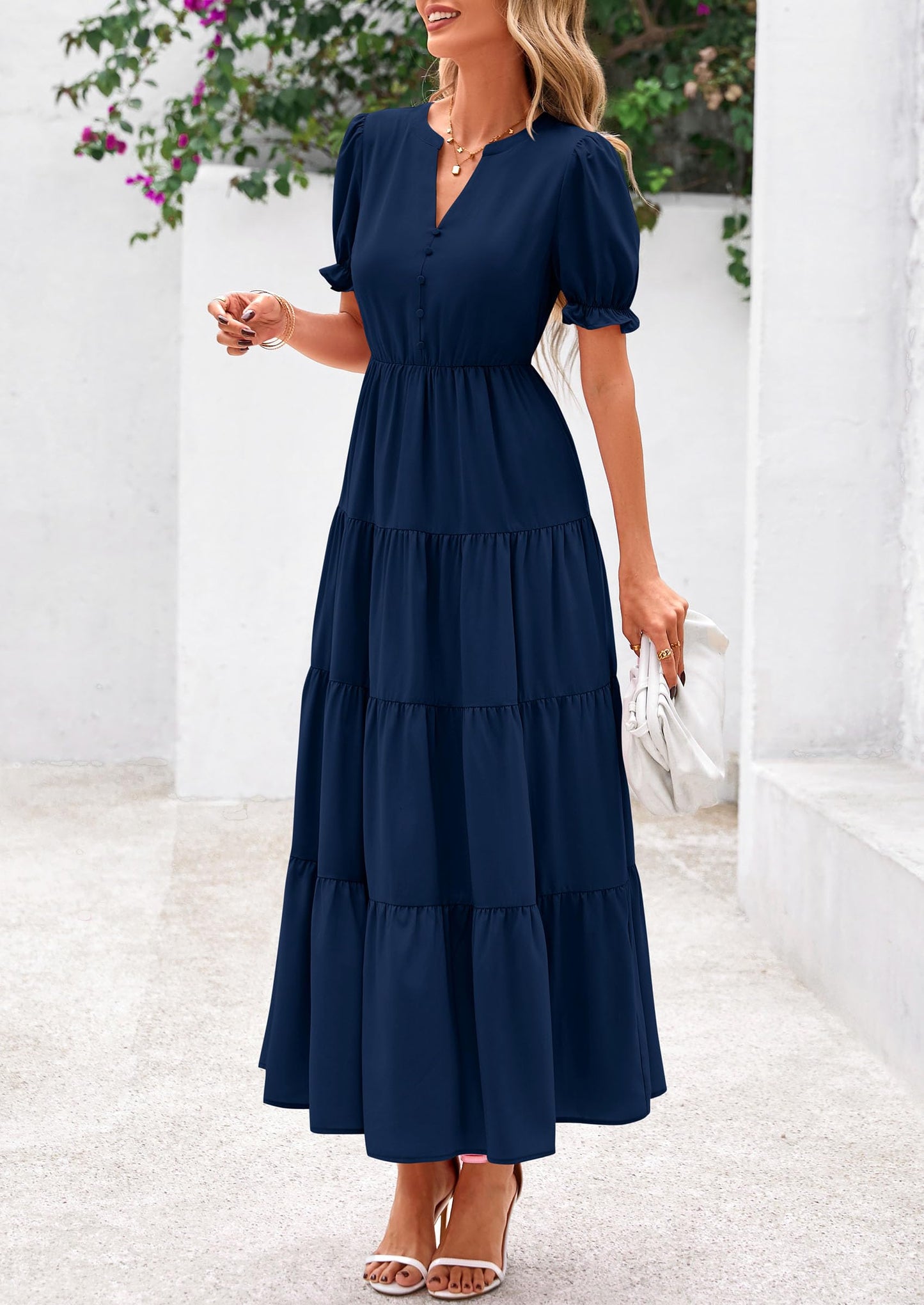 Women's Casual Summer Midi Dress 2025 Spring Short Sleeve V Neck Tiered Flowy Beach Vacation Dress with Pockets