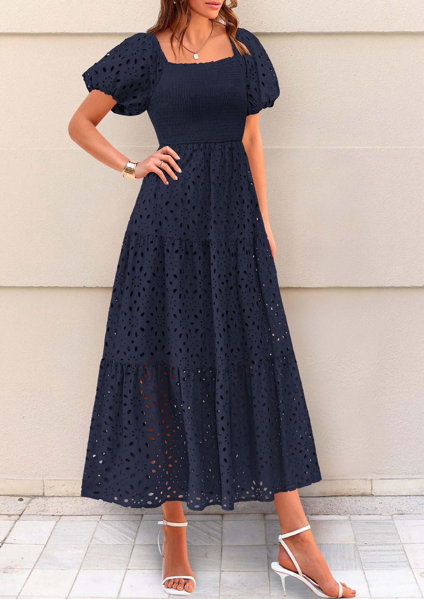 Summer Dresses for Women 2025 Eyelet Square Neck Puff Sleeve Smocked Wedding Guest Maxi Dress with Pockets