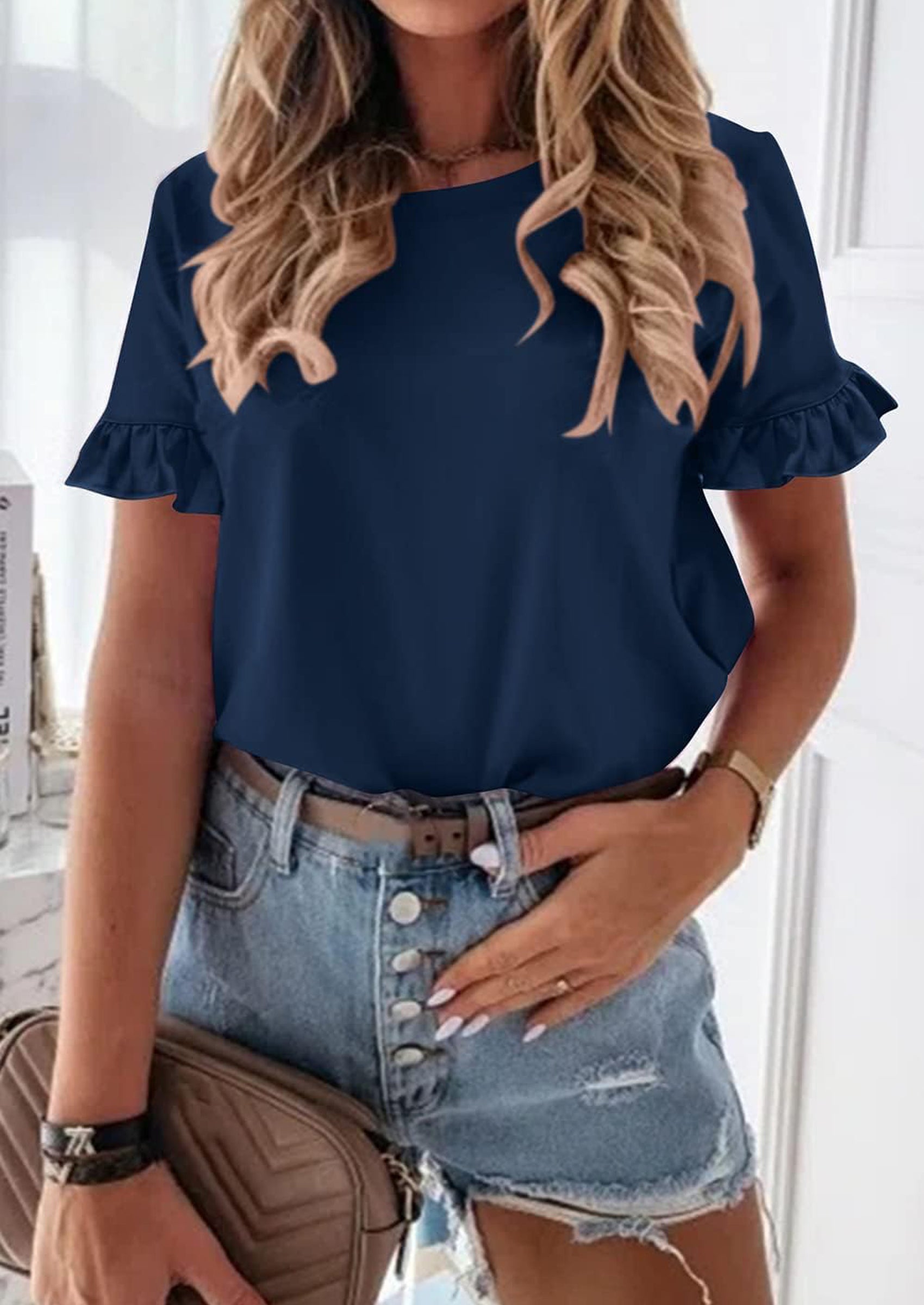 PRETTYGARDEN Women's Short Sleeve Casual T Shirts Summer Ruffle Plain Round Neck Loose Fit Tee Blouse Tops PRETTYGARDEN